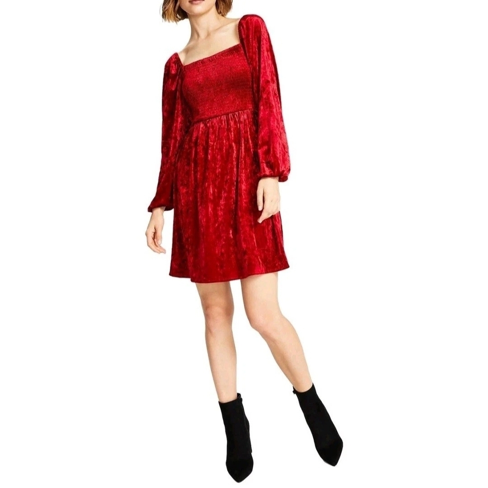 Bar III Red Velvet Square Neck Dress with Bishop Sleeves Womens Size M & L